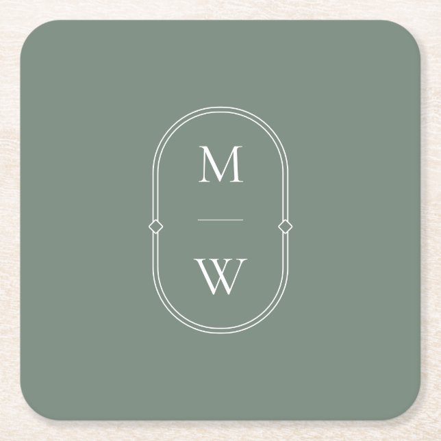 Minimalistisk monogram Sage Grönt Bröllop Underlägg Papper Kvadrat (Framsidan)