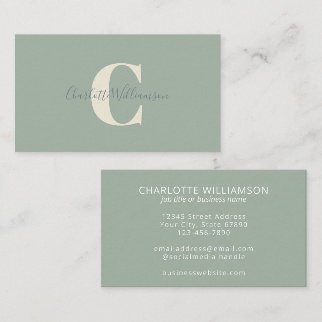 Minimalistisk monogram Sagegrön elegant skrift Visitkort (Fram/baksida)
