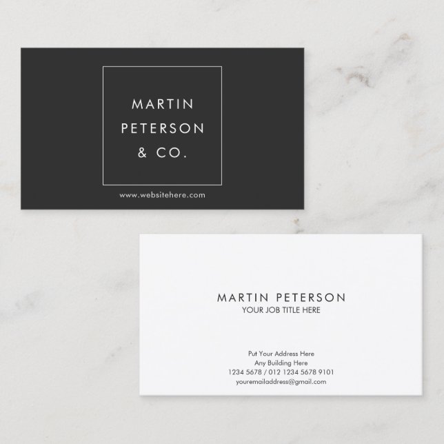 Minimalistisk Monogram | Vit Fyrkant på Mörkgrå Visitkort (Fram/baksida)
