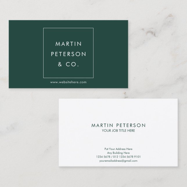 Minimalistisk Monogram | Vit Fyrkant på Mörkgrön Visitkort (Fram/baksida)