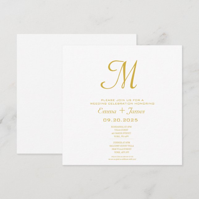 Minimalistisk Monogram White Guld-inbjudan (Fram/baksida)