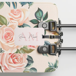 Minimalistisk monograminitial och Namn Pastel-Rosa Bagagebricka