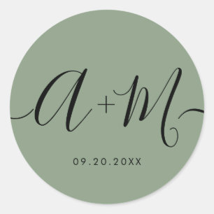 Minimalistisk monogrammanus Anpassad grön Bröllop Runt Klistermärke