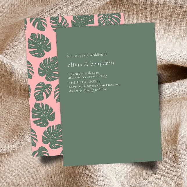 Minimalistisk monstera Botanisk Rosa Grönt Bröllop Inbjudningar (Skapare uppladdad)