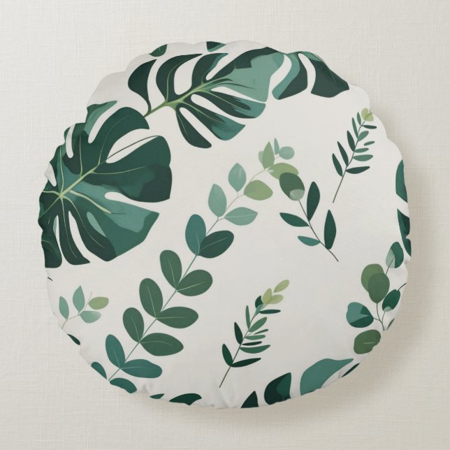Minimalistisk Monstera och Grey Mönster - modern Rund Kudde (Framsidan)