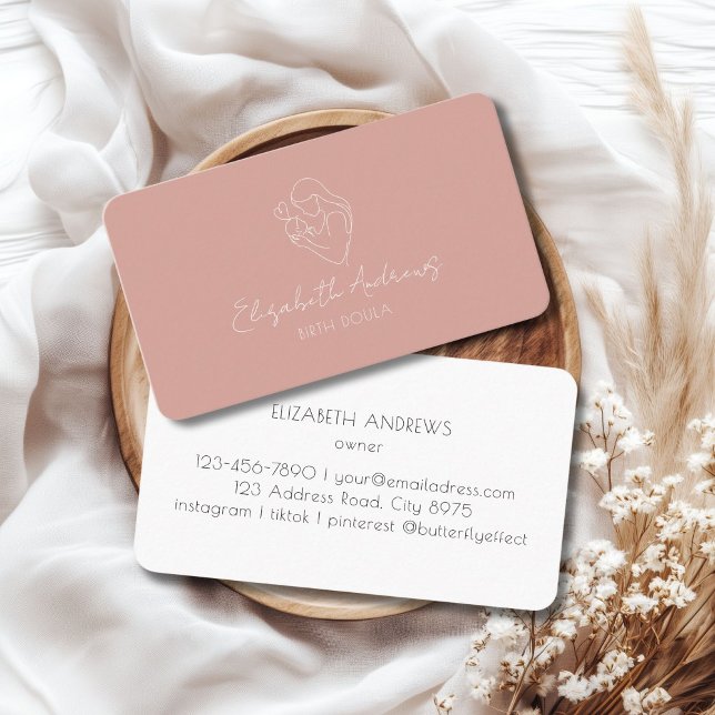 Minimalistisk Mor & Baby Line Art - Doula, Midfru Visitkort (Minimalist Mother & Baby Line Art – Doula, Midwife, Dusty Rose Business Card)