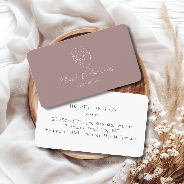 Minimalistisk Mor & Baby Line Art - Doula, Midfru Visitkort (Minimalist Mother & Baby Line Art – Doula, Midwife, Taupe Business Card)