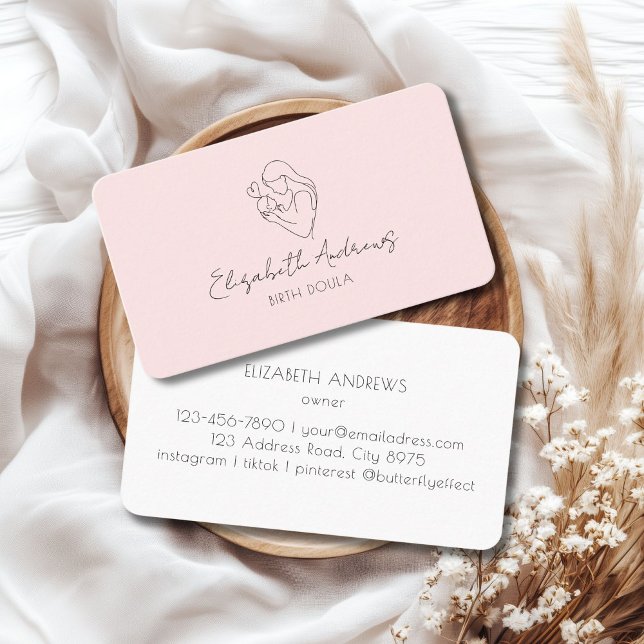 Minimalistisk Mor & Baby Line Art - Doula, Midfru Visitkort (Minimalist Mother & Baby Line Art – Doula, Midwife, Blush-Pink Business Card)