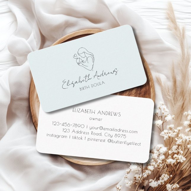 Minimalistisk Mor & Baby Line Art - Doula, Midfru Visitkort (Minimalist Mother & Baby Line Art – Doula, Midwife, Light-Blue Business Card)