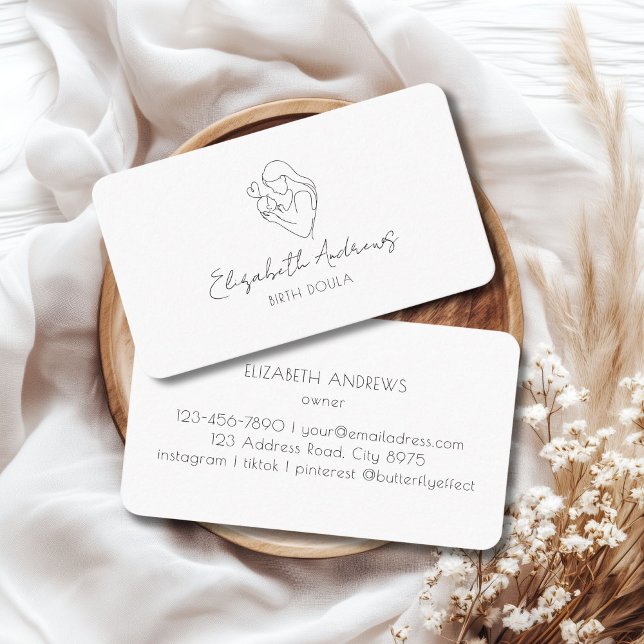 Minimalistisk Mor & Baby Line Art - Doula, Midfru Visitkort (Minimalist Mother & Baby Line Art – Doula, Midwife, White Business Card)