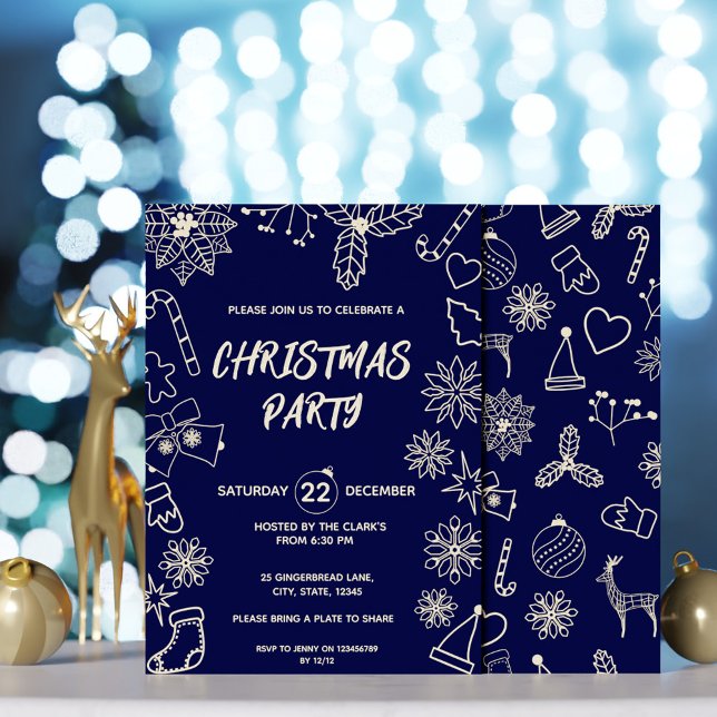 Minimalistisk Mörk blått och Guld Elegant Julafton Inbjudningar (Minimalist Dark Blue and Gold Elegant Xmas Party Invitation)