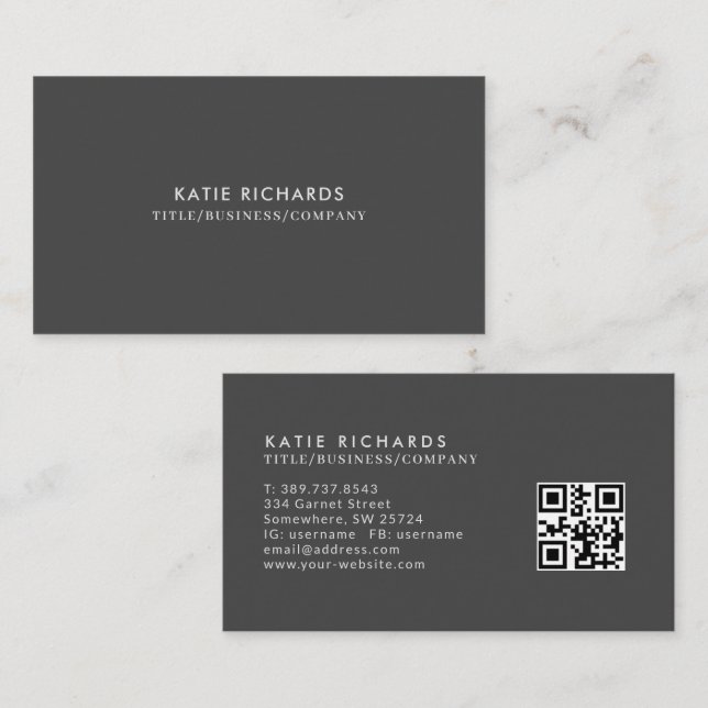 Minimalistisk Mörk Grått QR-kod Visitkort (Fram/baksida)