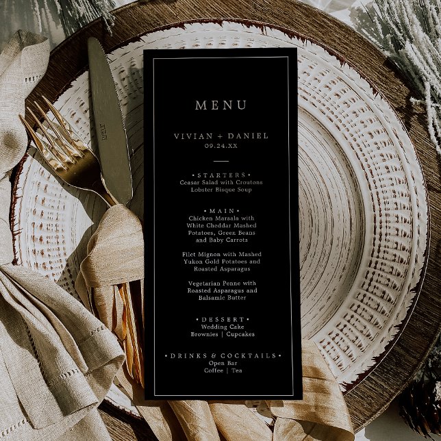Minimalistisk Mörk, svart utskrivbar Bröllop-meny Inbjudningar (Minimalist Dark Black Printable Wedding Menu Invitation)