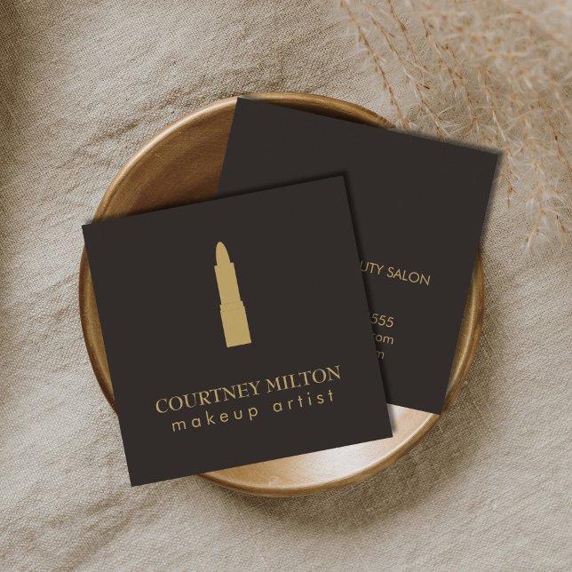 Minimalistisk Mörkgrå Guld Läppstift Sminkartist Fyrkantigt Visitkort (Skapare uppladdad)