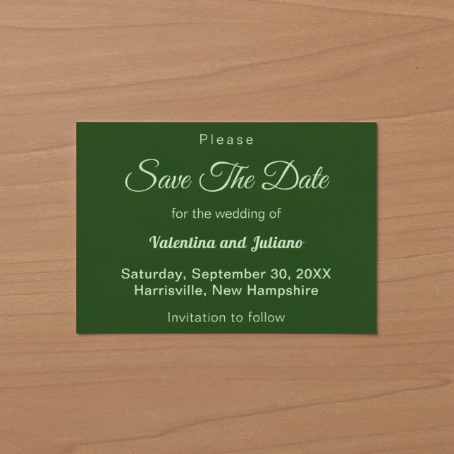 Minimalistisk mörkgrön bröllopsinbjudan Save The D Spara Datumet (Typography style minimalist dark green wedding save the date)