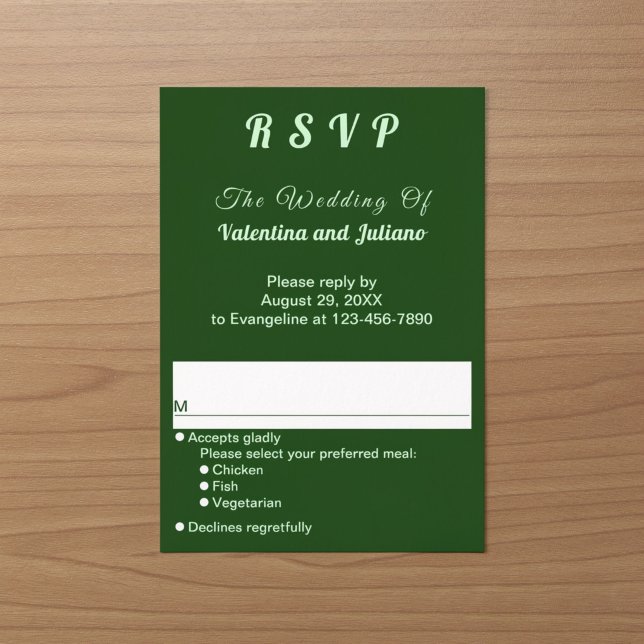 Minimalistisk mörkgrön porträttbröllops-RSVP OSA Kort (Typography style minimalist dark green portrait wedding RSVP)
