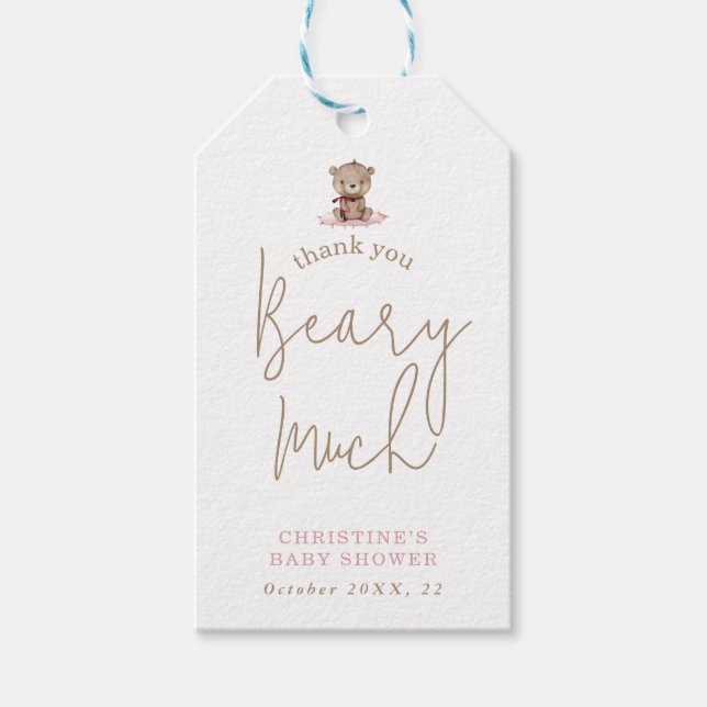 Minimalistisk Nalle för Rosa, babykläder, Tack G Presentetikett (Framsidan)