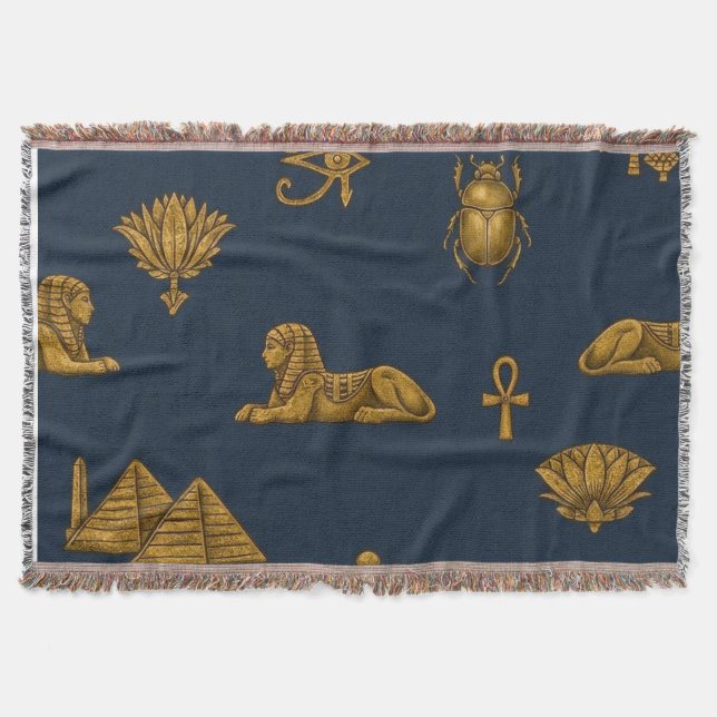 Minimalistisk Navy & Antik Guld Egyptiskt Mönster Filt (Framsidan)