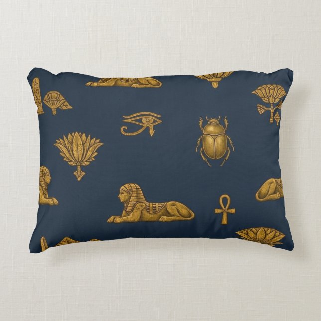 Minimalistisk Navy & Antik Guld Egyptiskt Mönster Prydnadskudde (Framsidan)