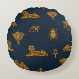 Minimalistisk Navy & Antik Guld Egyptiskt Mönster Rund Kudde