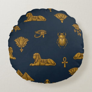 Minimalistisk Navy & Antik Guld Egyptiskt Mönster Rund Kudde