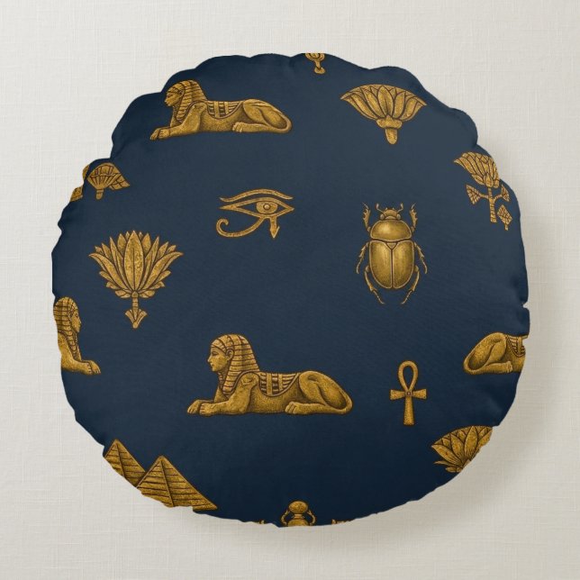 Minimalistisk Navy & Antik Guld Egyptiskt Mönster Rund Kudde (Framsidan)