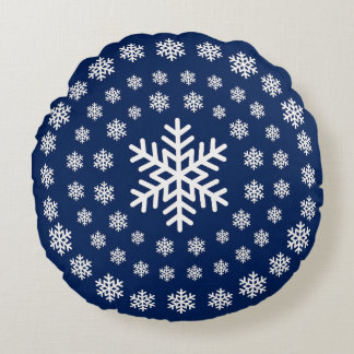 Minimalistisk Navy och Vita Snöflingor Mandala Jul Rund Kudde
