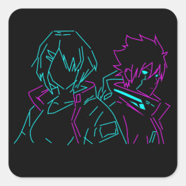 Minimalistisk Neon rosa & Blå Cyberpunk Anime Par Fyrkantigt Klistermärke