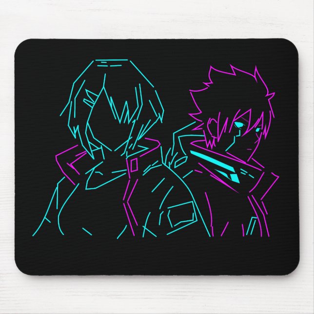Minimalistisk Neon rosa & Blå Cyberpunk Anime Par Musmatta (Framsidan)