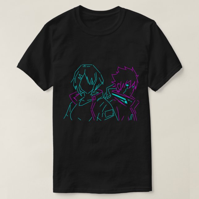 Minimalistisk neonrosa & blå cyberpunk animepar t shirt (Design framsida)