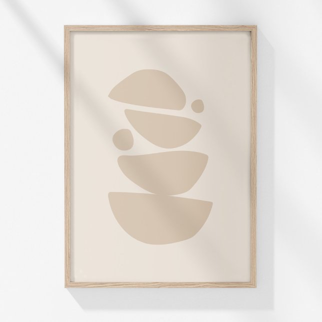Minimalistisk neutral abstrakt form väggkonstaffis poster (Boho Modern Muted Beige Neutral Bowls Abstract Art Poster in a neutral wooden frame on a sunny wall.)
