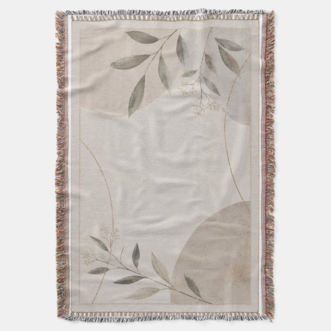 Minimalistisk neutral botanisk vävd kastfilt | filt (Framsidan Vertikal)