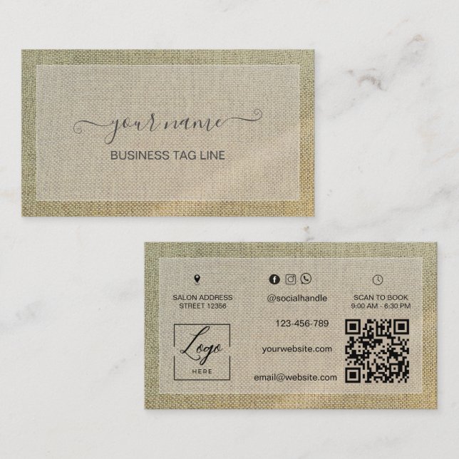 Minimalistisk Neutral Branding Rustik Beige Linne Visitkort (Fram/baksida)