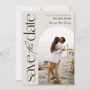 Minimalistisk Neutralt Beige Modern Photo Bröllop Spara Datumet