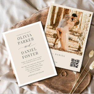Minimalistisk Neutralt Beige QR-kod Foto Bröllop Inbjudningar