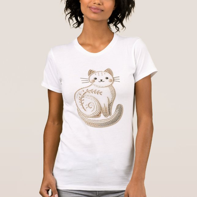 Minimalistisk Neutralt Kattunge Boho Embroized Cat T Shirt (Framsida)
