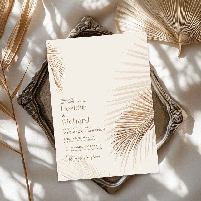 Minimalistisk neutralt örttorkat löv inbjudningar (Minimalist neutral earthy tropical dried leaves invitation)