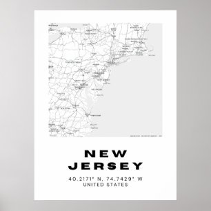 Minimalistisk New jersey Karta Art - Svarta havet Poster