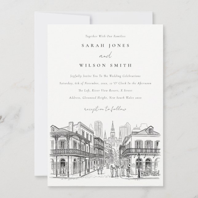Minimalistisk New Orleans Louisiana Skiss Bröllop Inbjudningar (Framsida)