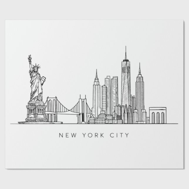 Minimalistisk New York City Skyline Linjekonst Presentpapper (Platt)