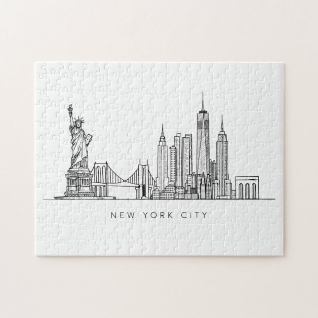 Minimalistisk New York City Skyline Linjekonst Pussel (Horisontell)