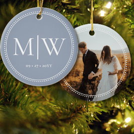 Minimalistisk Newlyweds Monogram Photo Blue-Helgda Julgransprydnad Keramik