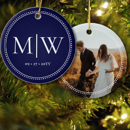 Minimalistisk Newlyweds Monogram Photo Blue-Helgda Julgransprydnad Keramik