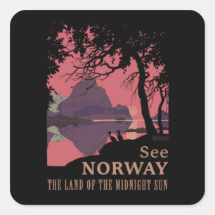 Minimalistisk Norge Solnedgång Poster - Berg Fjord Fyrkantigt Klistermärke