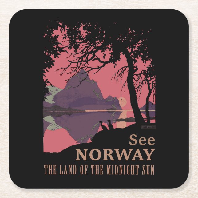 Minimalistisk Norge Solnedgång Poster - Berg Fjord Underlägg Papper Kvadrat (Framsidan)