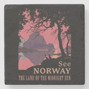 Minimalistisk norsk solnedgångsaffisch - Bergsfjor Stenunderlägg