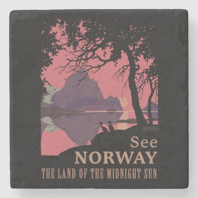 Minimalistisk norsk solnedgångsaffisch - Bergsfjor Stenunderlägg (Framsidan)