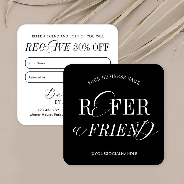 Minimalistisk nostalgia Black & White återger en v Fyrkantigt Visitkort (Fully editable business referral cards with elegant script font and minimal design)