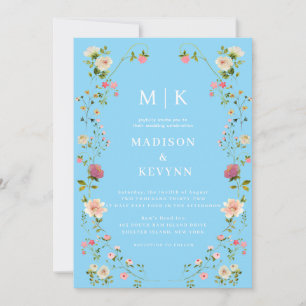 Minimalistisk och Chic Blå Fransk Blommig Bröll Inbjudningar