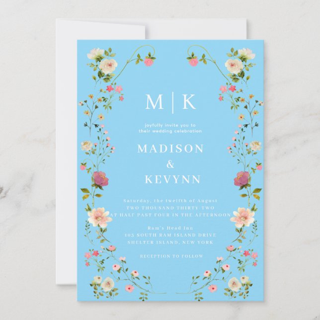 Minimalistisk och Chic  Blå Fransk Blommig | Bröll Inbjudningar (Framsida)